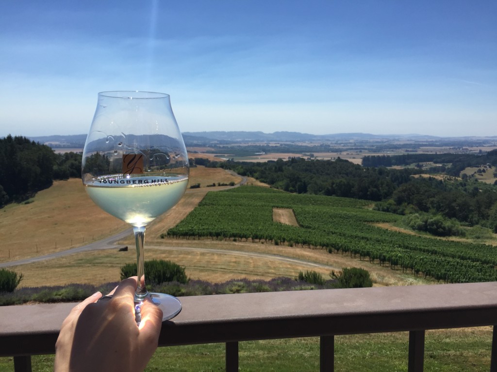 Youngberg Hill Pinot Blanc and vineyard view